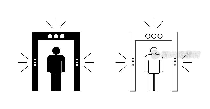 Icon of security in airport. Metal detector for check, inspection of body. Gate of scan in airport. Sign of scanner of tsa. Screening machine for checkpoint, police. Frame for person safety. Vector.